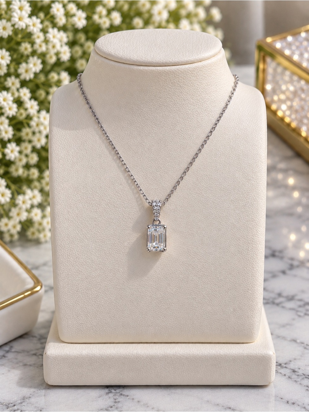 NWT 2 CTW Emerald Cut Moissanite Pendant 925 Sterling Silver D VVS + Free Chain